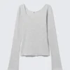 Long-Sleeved Slim Fit Scoop Neck Top – Grey Melange