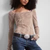 Long-Sleeved Slim Fit Scoop Neck Top – Light Pink/Brown Stripe