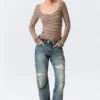 Long-Sleeved Slim Fit Scoop Neck Top – Light Pink/Brown Stripe