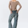 Long-Sleeved Slim Fit Scoop Neck Top – Light Pink/Brown Stripe