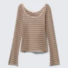 Long-Sleeved Slim Fit Scoop Neck Top – Light Pink/Brown Stripe