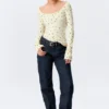 Long-Sleeved Slim Fit Scoop Neck Top – Light Yellow – Dots