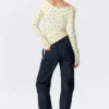 Long-Sleeved Slim Fit Scoop Neck Top – Light Yellow – Dots
