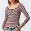 Long-Sleeved Slim Fit Scoop Neck Top – Pink & Burgundy Stripes
