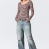Long-Sleeved Slim Fit Scoop Neck Top – Pink & Burgundy Stripes