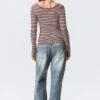 Long-Sleeved Slim Fit Scoop Neck Top – Pink & Burgundy Stripes