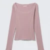 Long-Sleeved Wide Neck Top – Dusty Pink