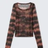 Long-Sleeved Wide Neck Top – Pink Blurred Stains
