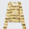 Long-Sleeved Wide Neck Top – Yellow Blurred Stains