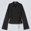 Long-Sleeved Wrap Poplin Shirt – Black