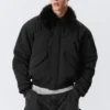 Loose Bomber Jacket with Faux-Fur Collar – Black