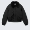 Loose Bomber Jacket with Faux-Fur Collar – Black