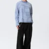 Loose Boxy Long-Sleeved T-Shirt – Blue & White Stripe