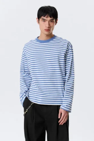 Loose Boxy Long-Sleeved T-Shirt – Blue & White Stripe