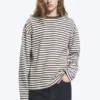 Loose Boxy Long-Sleeved T-Shirt – White – Brown Stripes