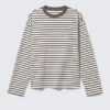 Loose Boxy Long-Sleeved T-Shirt – White – Brown Stripes