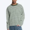 Loose Boxy Long-Sleeved T-Shirt – White & Dark Green Stripes