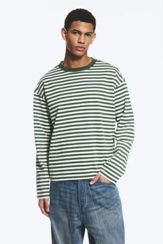 Loose Boxy Long-Sleeved T-Shirt – White & Dark Green Stripes