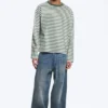Loose Boxy Long-Sleeved T-Shirt – White & Dark Green Stripes