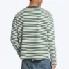 Loose Boxy Long-Sleeved T-Shirt – White & Dark Green Stripes
