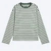 Loose Boxy Long-Sleeved T-Shirt – White & Dark Green Stripes