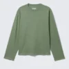 Loose Boxy Long-Sleeved T-Shirt – White – Green Stripe
