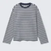 Loose Boxy Long-Sleeved T-Shirt – White & Navy Stripes