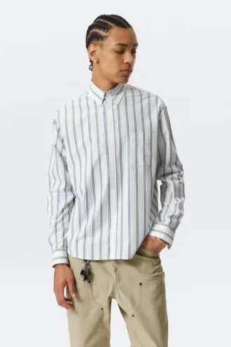 Loose Button-Down Poplin Shirt – White – Blue Stripes