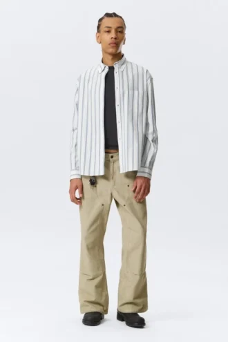 Loose Button-Down Poplin Shirt – White – Blue Stripes