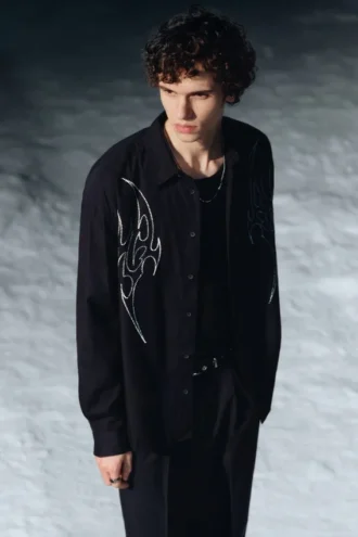 Loose Embroidered Cotton Shirt – Embroidered Black