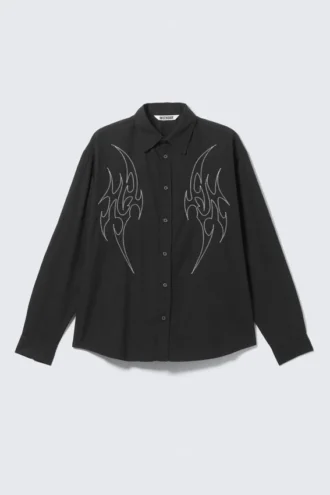 Loose Embroidered Cotton Shirt – Embroidered Black
