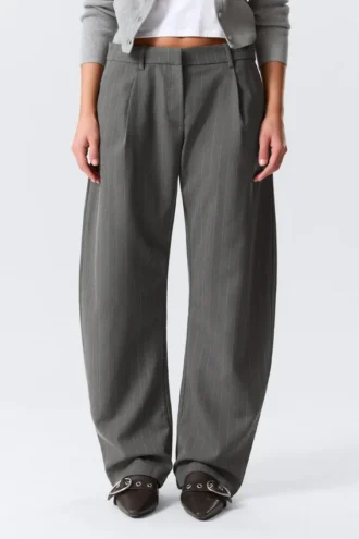 Loose Fit Barrel Leg Suiting Trousers – Striped Dark Grey Melange
