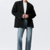 Loose Fit Double-Breasted Linen-Blend Blazer – Black