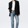 Loose Fit Double-Breasted Linen-Blend Blazer – Black