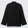 Loose Fit Double-Breasted Linen-Blend Blazer – Black
