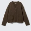 Loose Fit Knitted V-Neck Cardigan – Dark Brown Melange