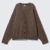 Loose Fit Mohair Blend V-Neck Cardigan – Dark Brown Melange