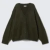 Loose Fit Mohair Blend V-Neck Cardigan – Dark Green