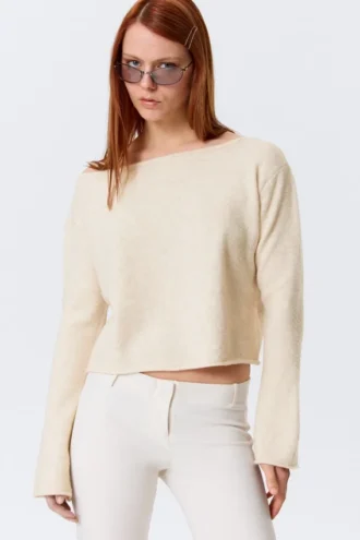 Loose Fit Rolled Hem Sweater – Light White
