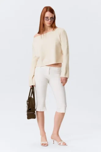 Loose Fit Rolled Hem Sweater – Light White