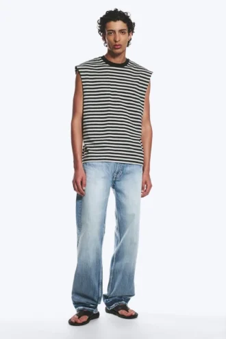 Loose Fit Square Cotton Tank Top – Grey/Black Stripe