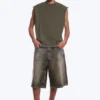 Loose Fit Square Cotton Tank Top – Washed Dark Khaki Green