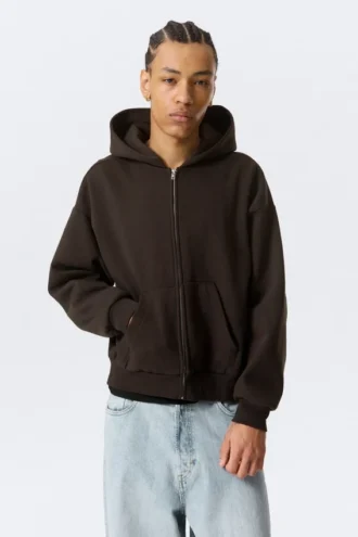 Loose Fit Zip Hoodie – Dark Brown