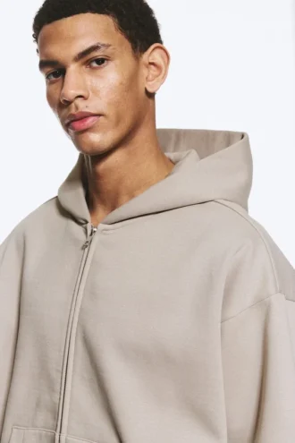 Loose Fit Zip Hoodie – Light Beige