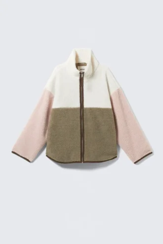 Loose Fleece Zip Jacket – White/Khaki/Pink