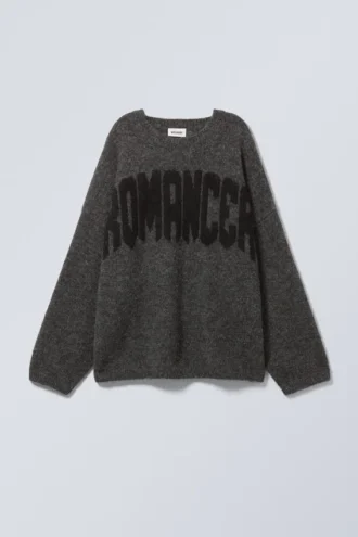 Loose Graphic Knitted Sweater – Dark Grey – Romancer