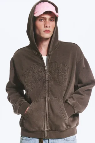 Loose Graphic Zip Hoodie – Dark Brown