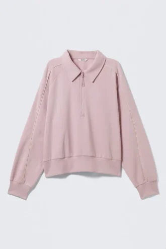 Loose Half-Zip Polo Sweatshirt – Light Dusty Pink