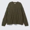 Loose Knitted Structured Sweater – Dark Khaki Green