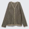 Loose Knitted V-Neck Cardigan – Beige – Black Stripe